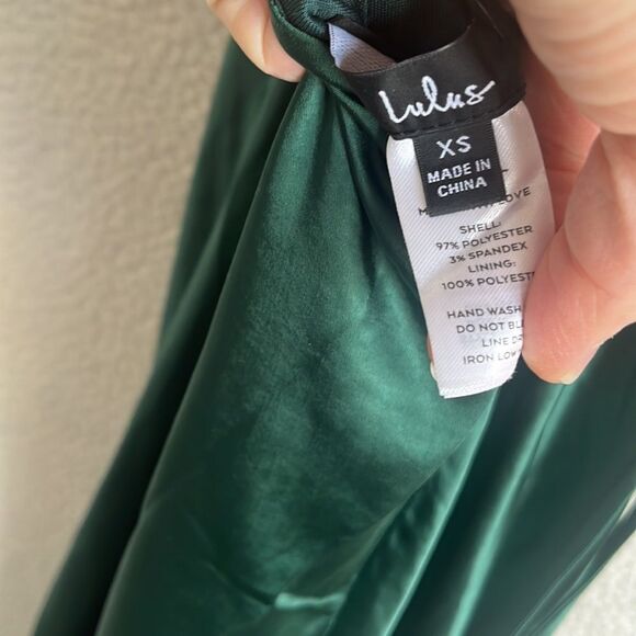 Lulus Fondly Loved Dark Green Satin Wrap Maxi Dress Womens XS - Picture 9 of 11